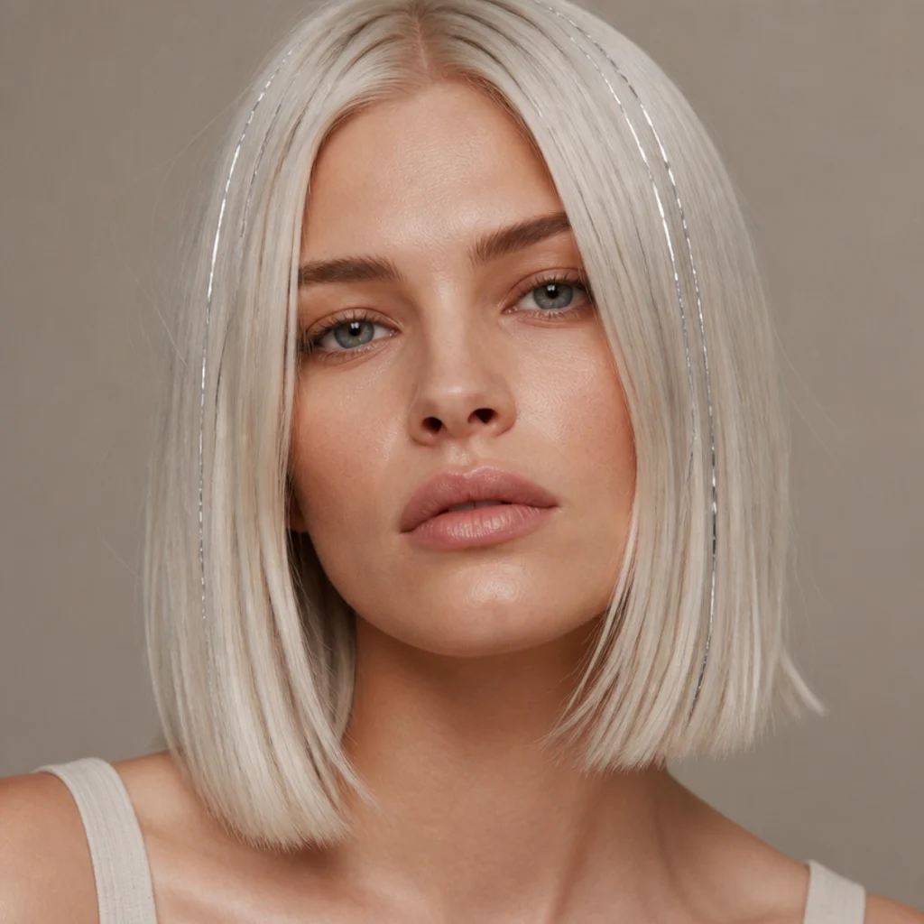 Platinum blonde model with cool silver ice tinsel through a sleek blunt lob, straight-on studio angle