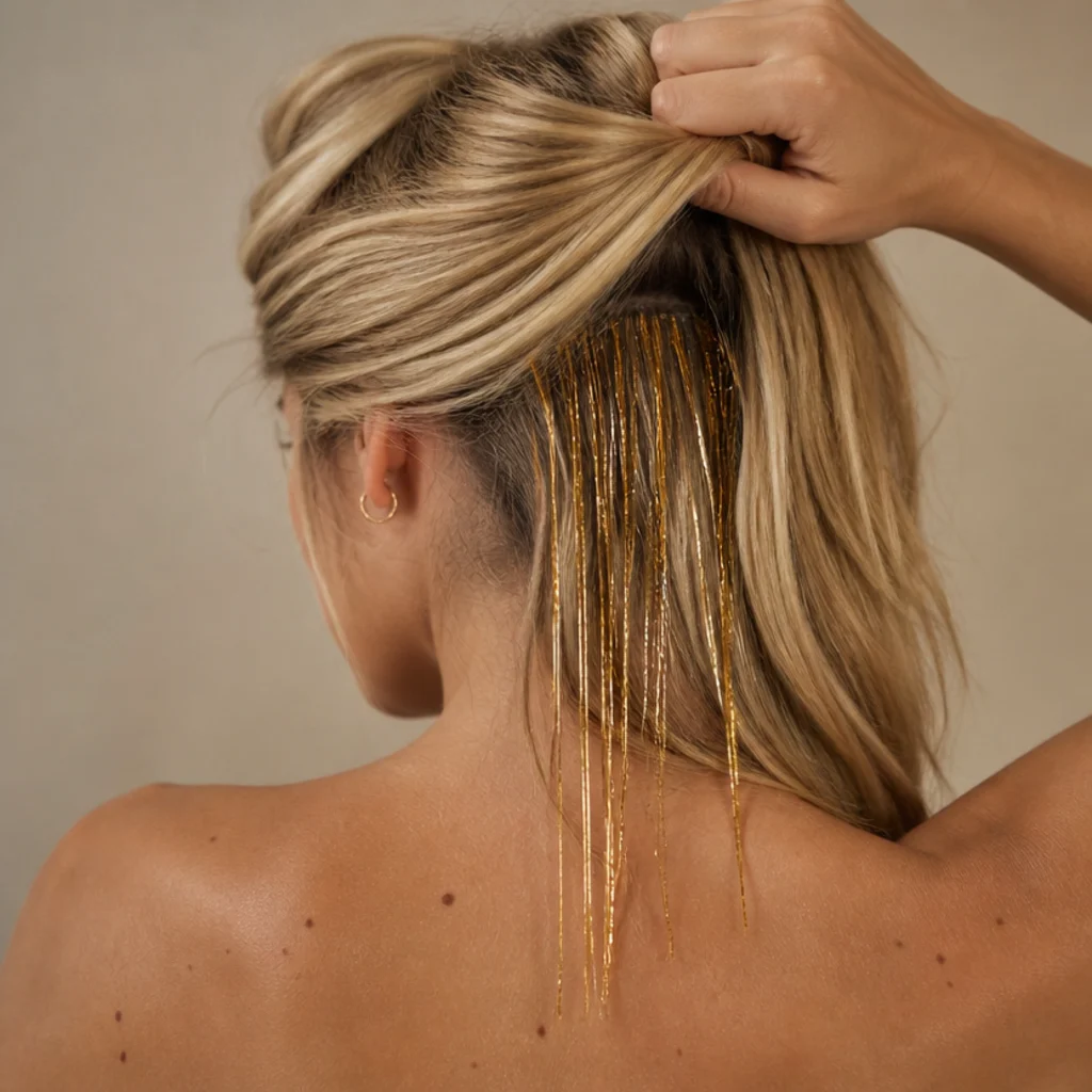 Blonde model lifting the top section of hair to reveal hidden gold tinsel woven into the under-layer, back angle