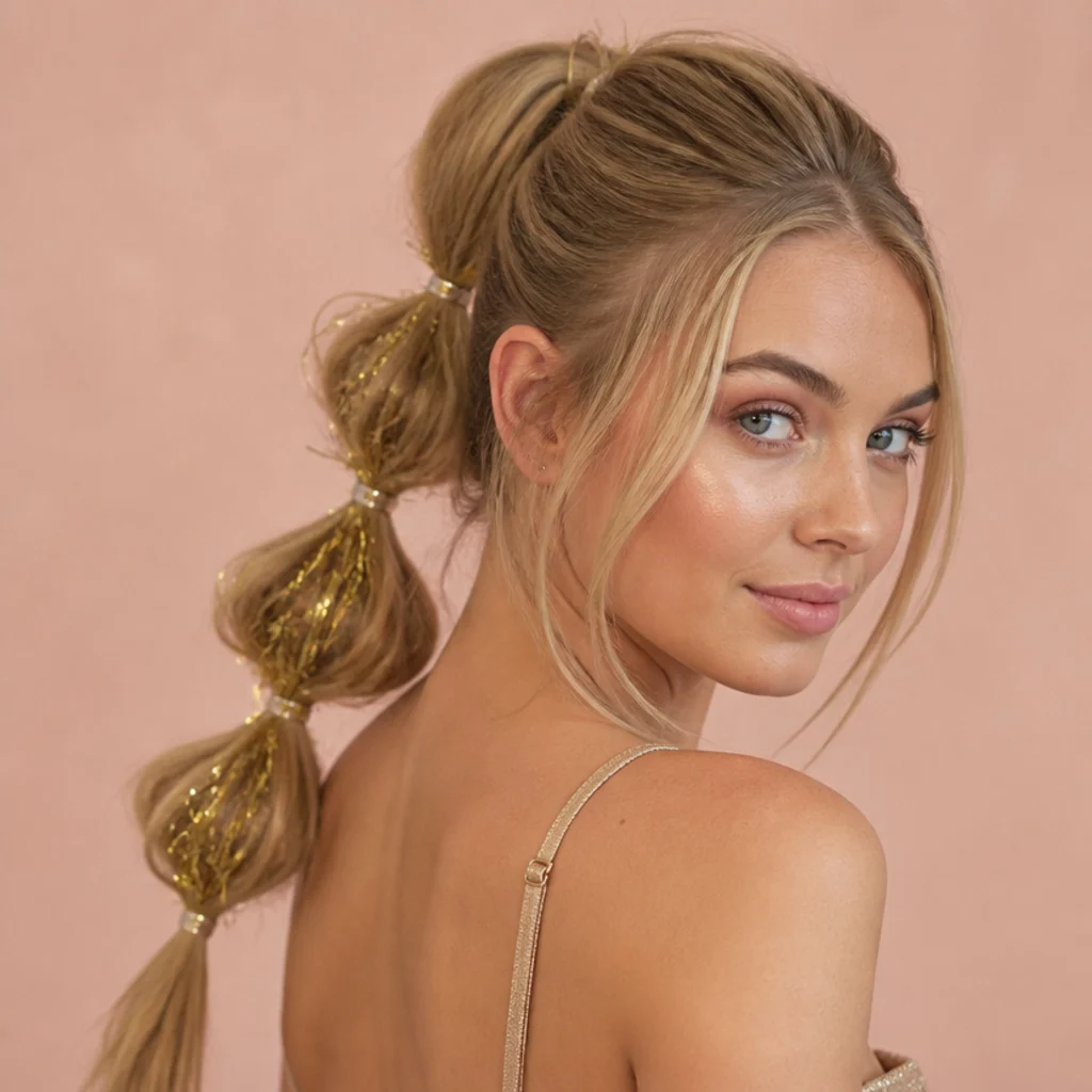Blonde half-up bubble ponytail with gold tinsel fanning out between each bubble segment, three-quarter angle