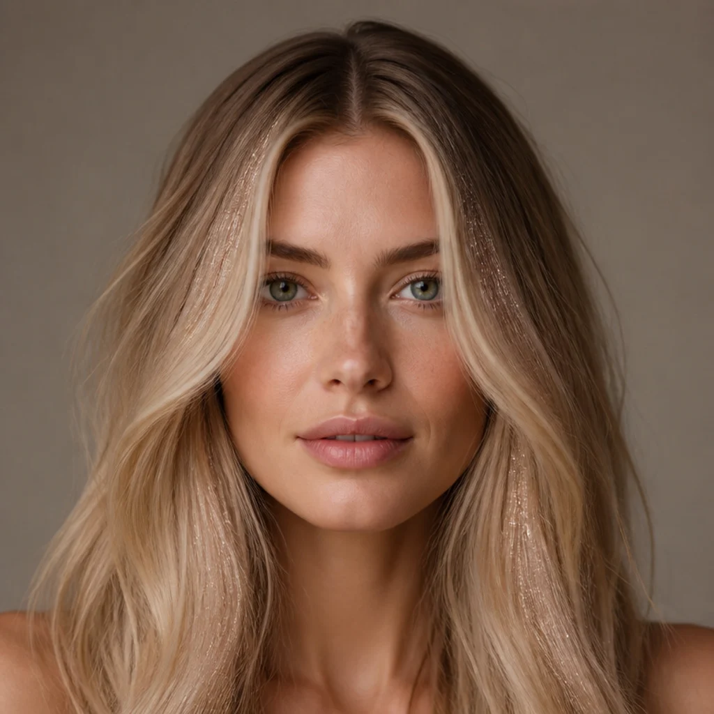 Blonde model with champagne-toned tinsel concentrated on brightened money-piece sections, front angle