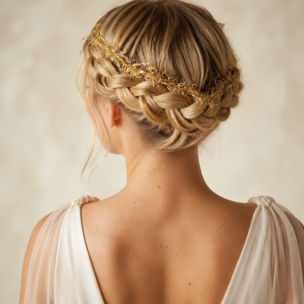 Blonde model with two Dutch braids wrapped into a crown, gold tinsel woven along the raised braid lines, back angle