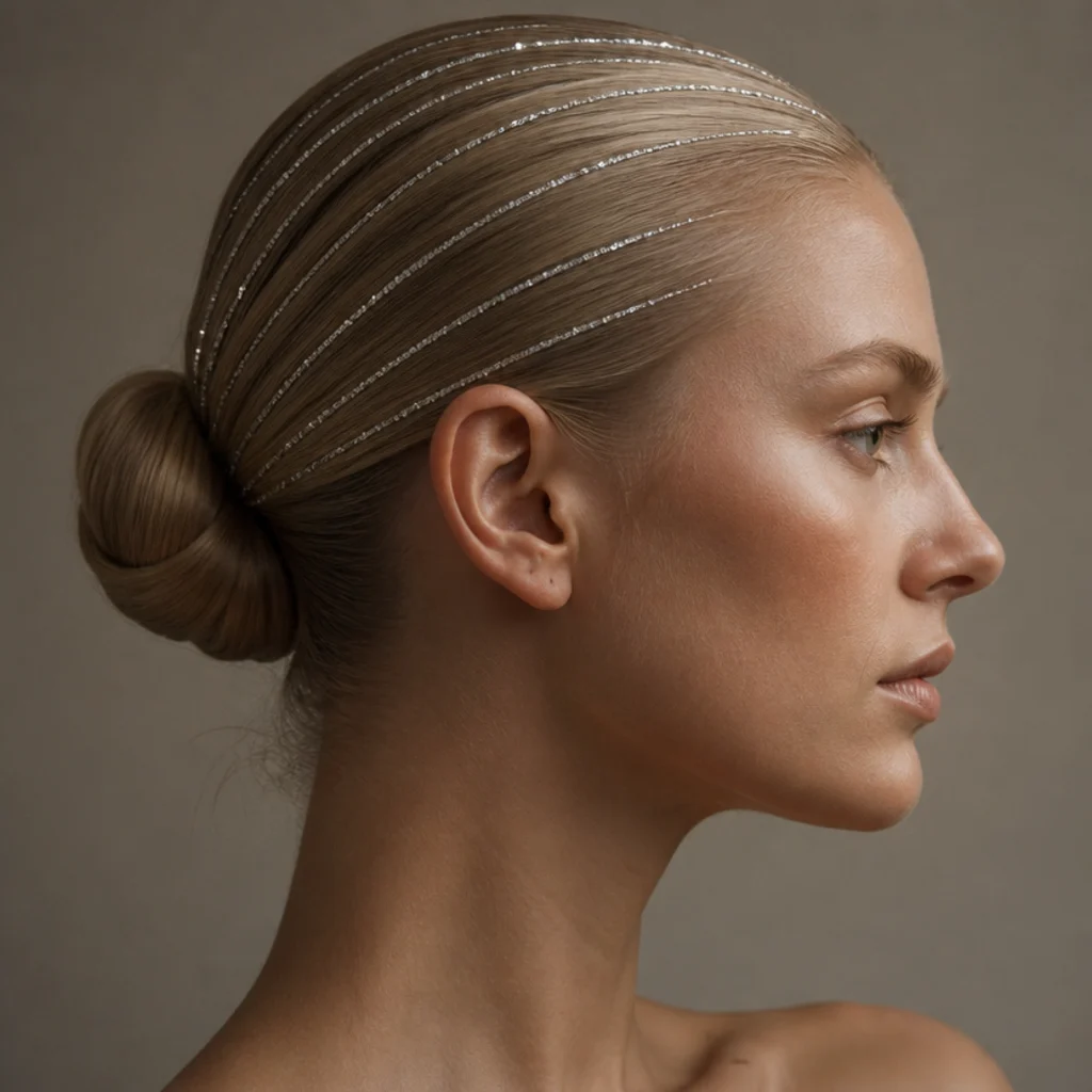 Blonde model with a sleek low bun and fine silver tinsel lining the slicked-back sections, side profile