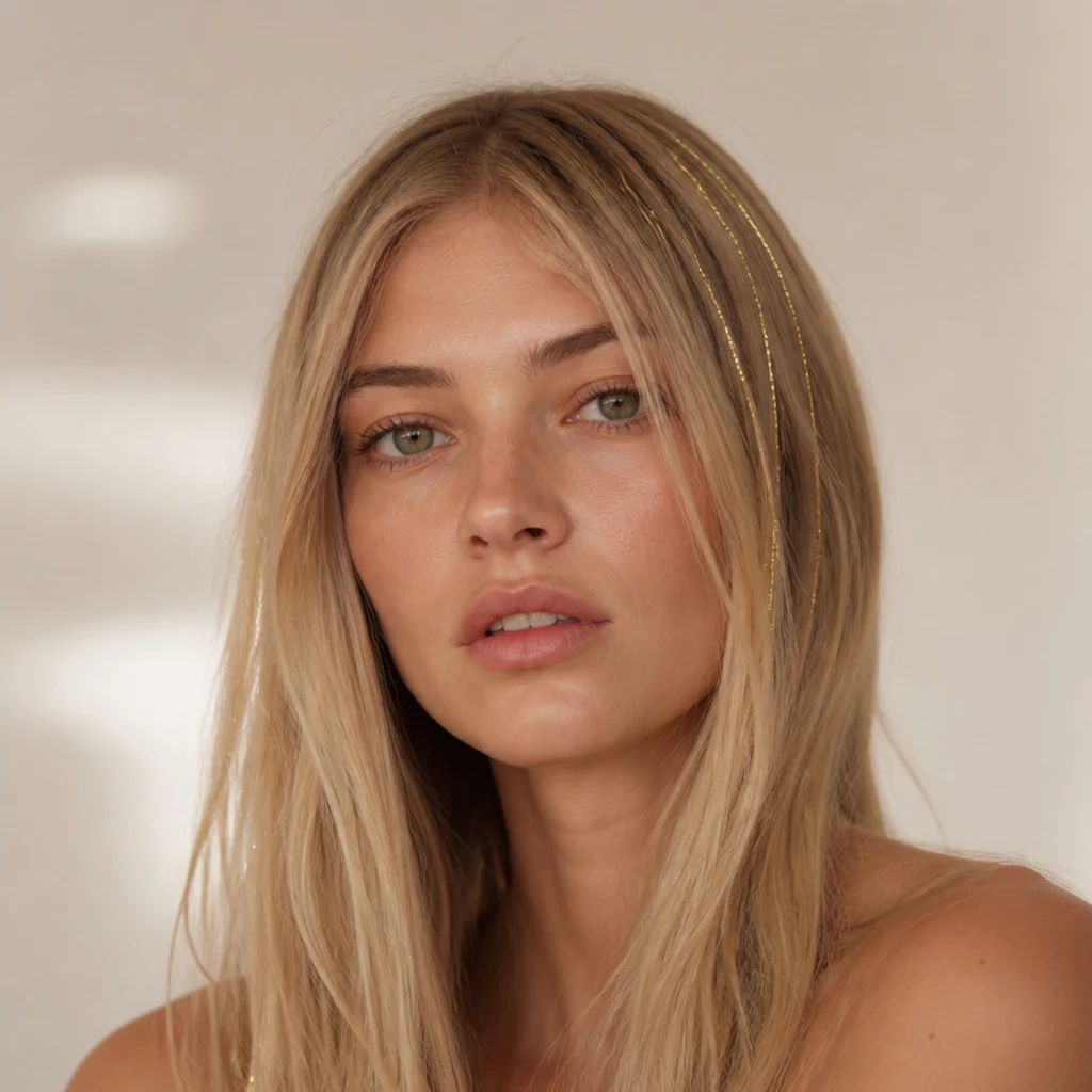 Blonde model with just a few fine gold tinsel strands through natural straight hair, understated front angle
