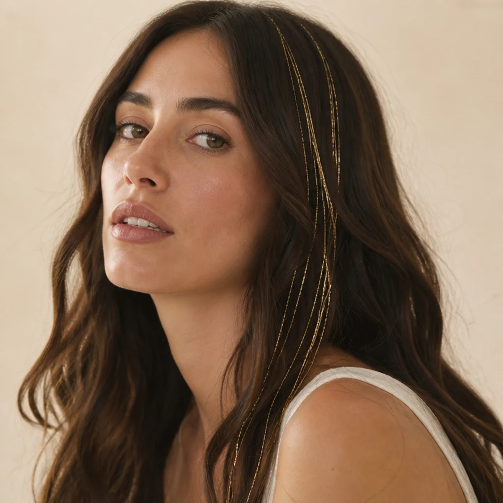 Brunette with a few thin gold tinsel strands framing her face along loose waves, soft studio lighting