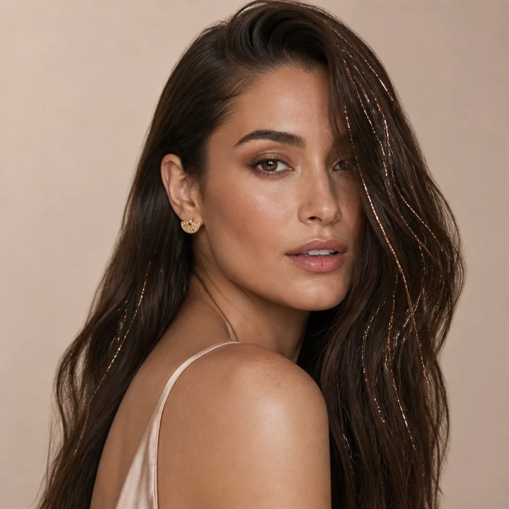 Brunette with a deep side part and rose gold tinsel strands catching light along the heavier side, three-quarter angle