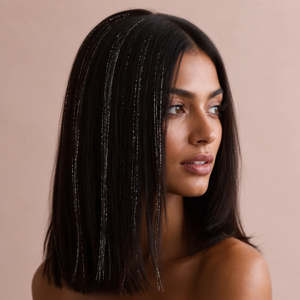 Model with near-black espresso hair and bright silver tinsel strands scattered through straight lengths, studio side light