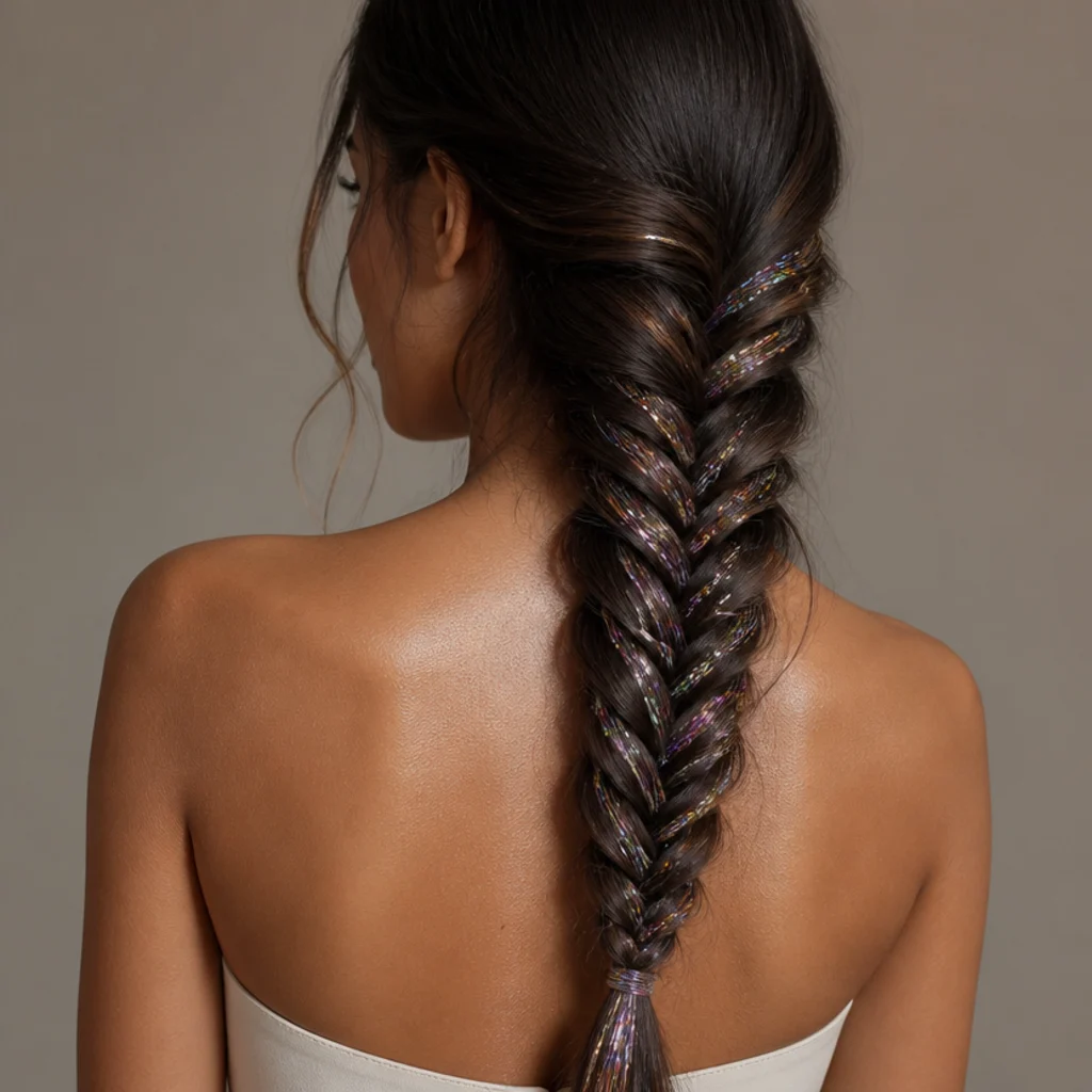 Brunette fishtail braid with iridescent tinsel strands catching rainbow highlights, back angle, soft light