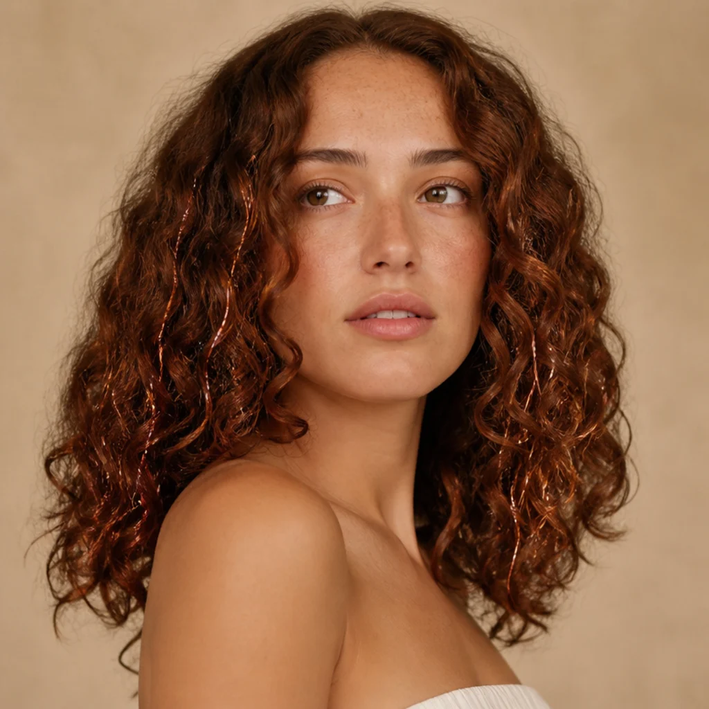 Model with warm chestnut hair and copper tinsel strands blended through soft curls, three-quarter studio angle