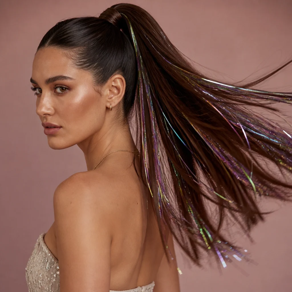 Brunette high ponytail with holographic tinsel strands cascading down the length, dynamic side angle