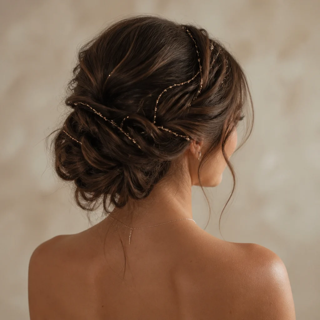 Brunette bridal updo with delicate champagne tinsel strands woven softly through, elegant back angle