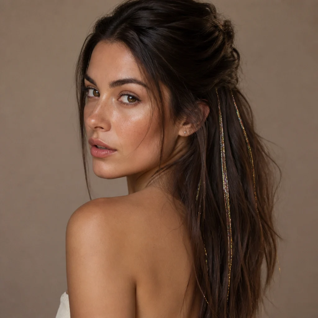 Brunette half-up style revealing hidden tinsel strands underneath the top section, three-quarter angle