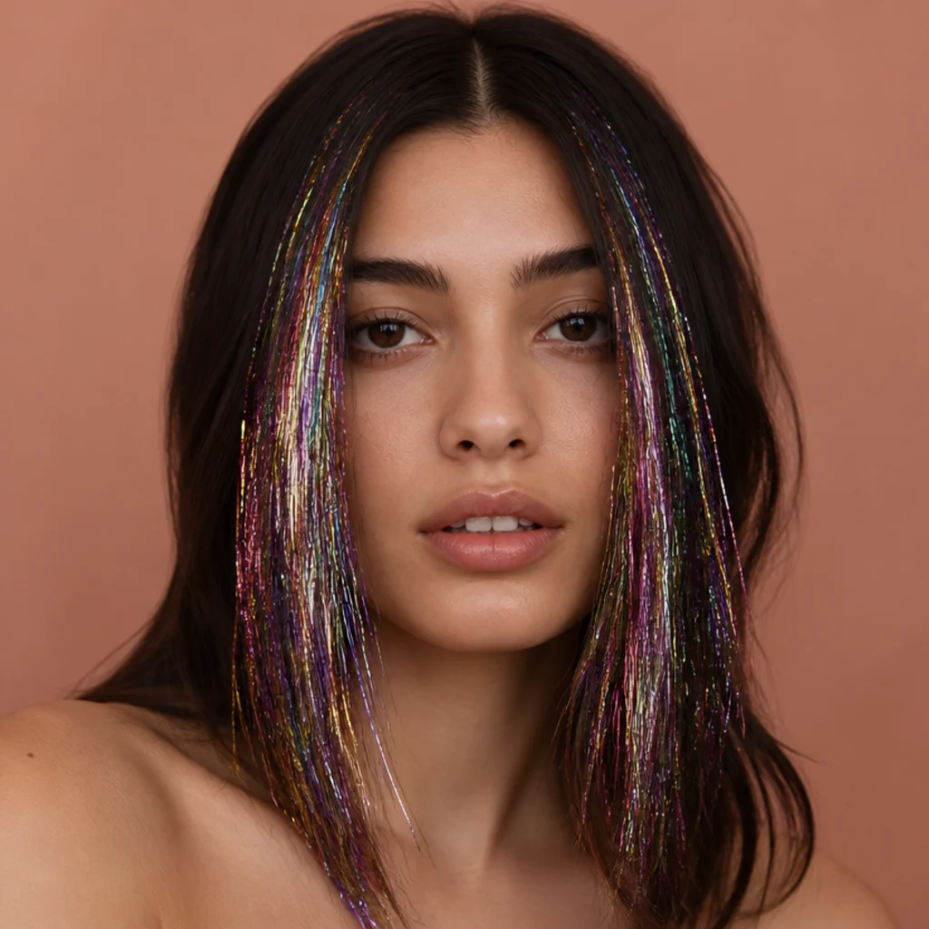 Brunette with a bold multicolor tinsel money piece framing the face, front-facing studio portrait