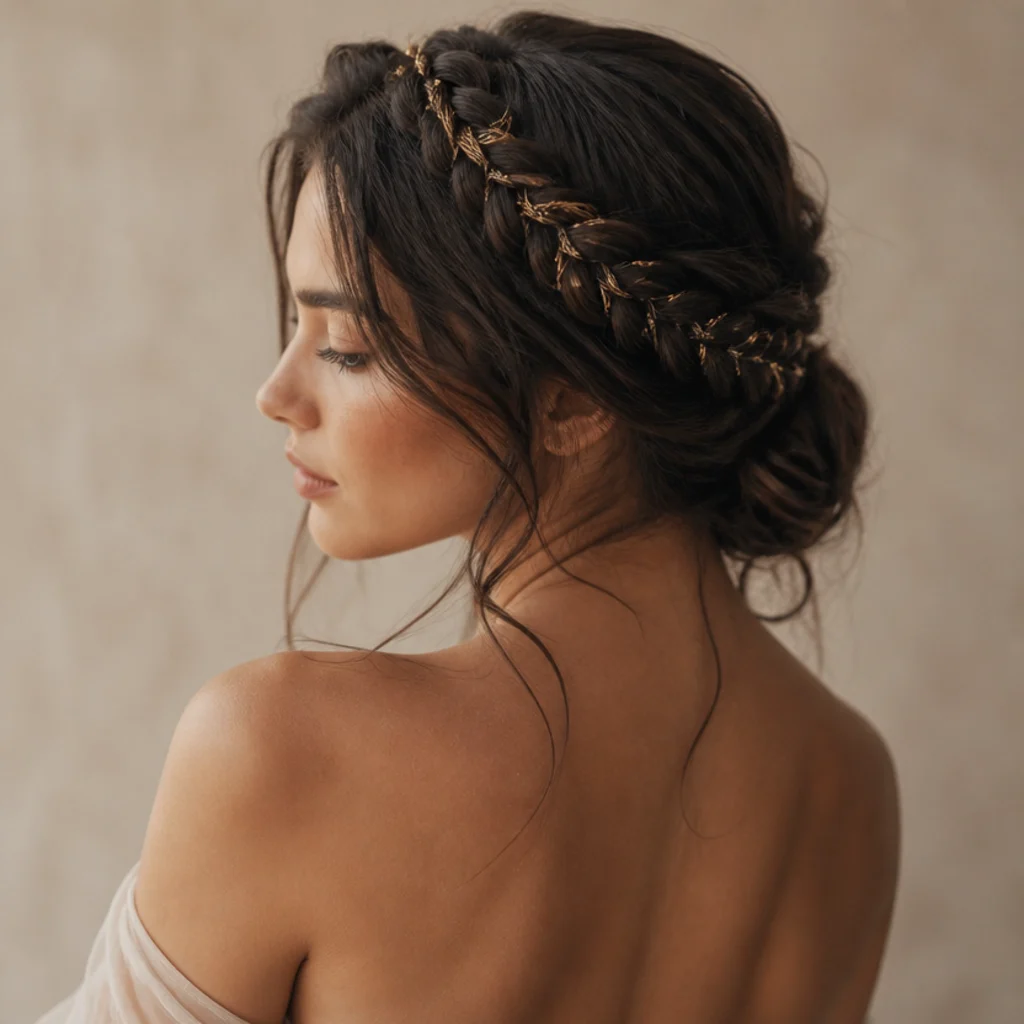 Brunette with a loose fishbraid crown and gold tinsel woven through the braid, romantic back angle