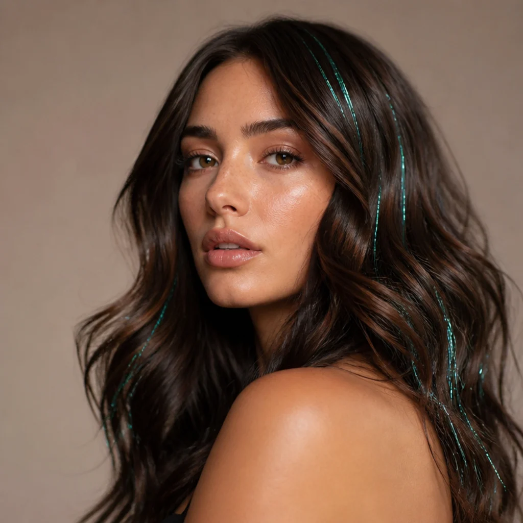 Model with dark brown hair and emerald and teal tinsel accents scattered through waves, jewel-tone studio light