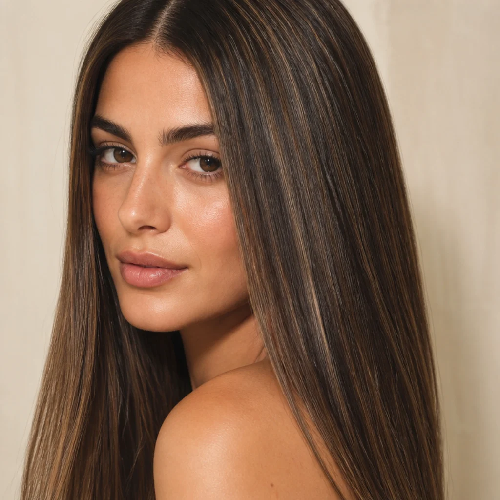 Brunette with fine tinsel baby lights giving a delicate sunlit shimmer through straight hair, soft three-quarter angle