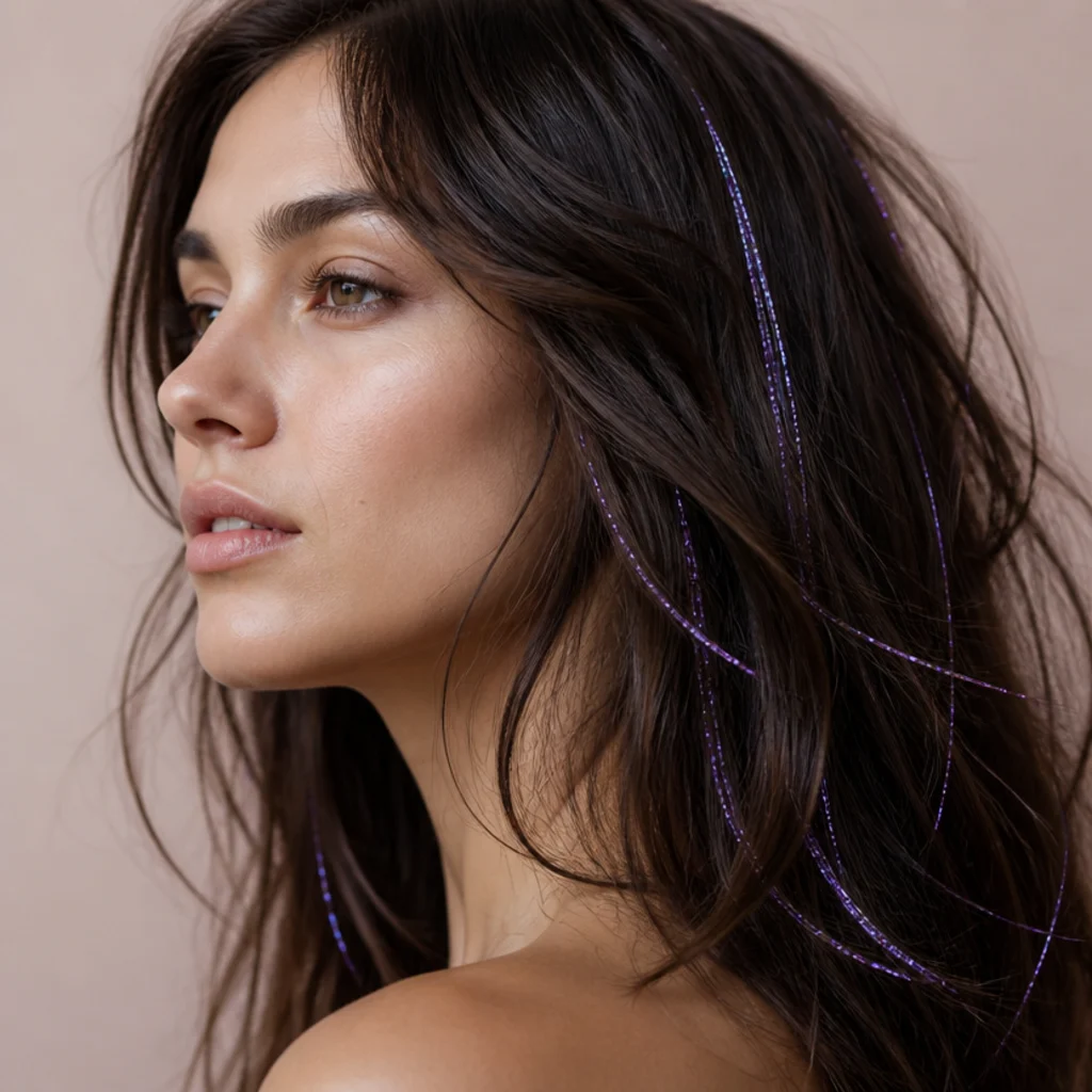Model with cool-toned dark brown hair and amethyst purple tinsel strands through loose waves, side studio angle