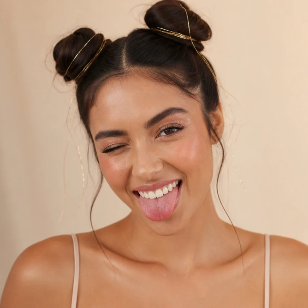 Brunette space buns with gold tinsel strands catching light around each bun, playful front angle