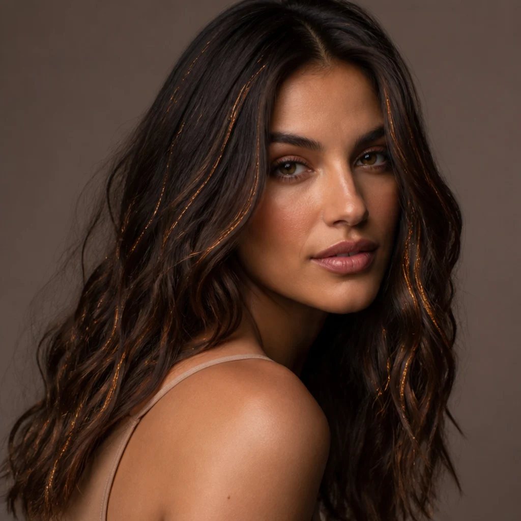 Model with rich brown hair and warm bronze tinsel strands through soft waves, autumnal warm studio tone