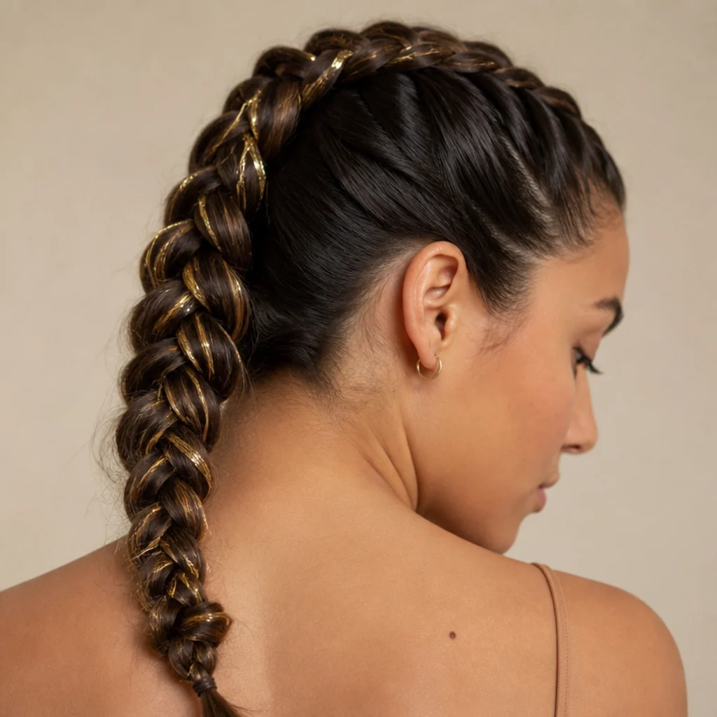 Brunette Dutch braid with tinsel strands raised along the outward-facing plait, detailed back angle