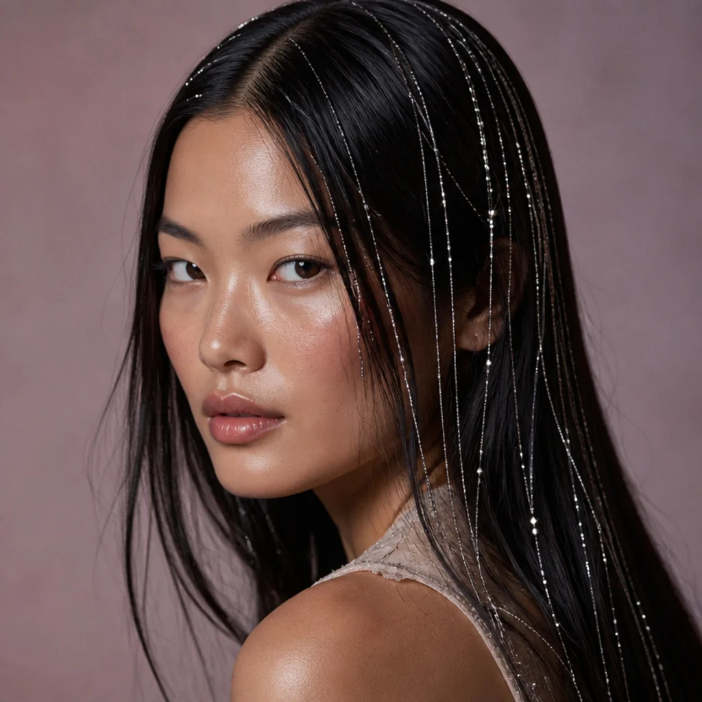 Model with dark hair and icy silver tinsel strands through sleek straight hair, cool-toned winter studio light