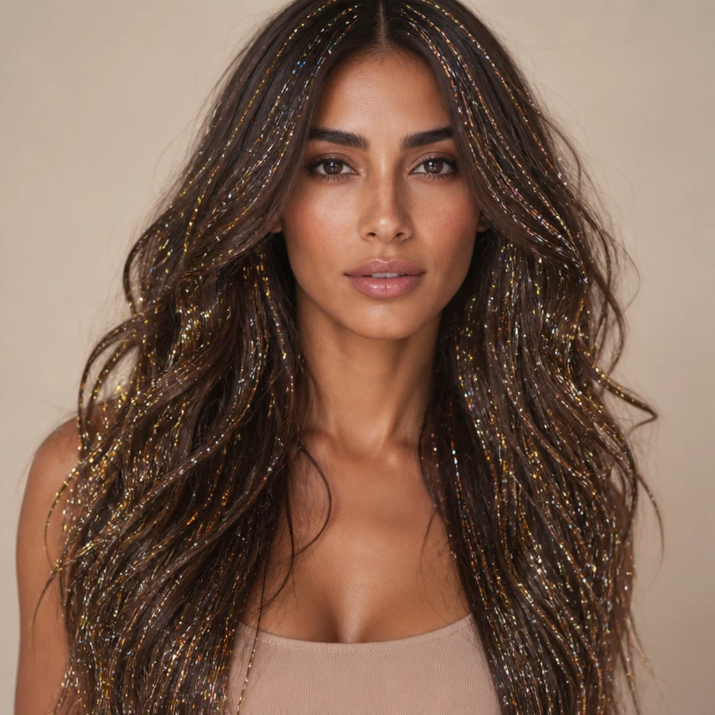 Model with dense all-over tinsel in mixed metallics through voluminous brunette waves, glamorous front angle