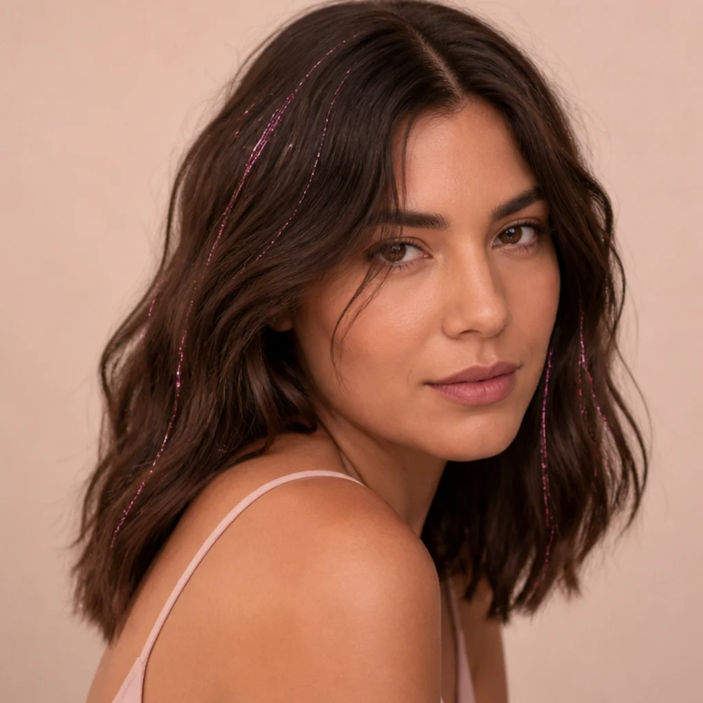 Brunette with soft pastel pink tinsel strands scattered through gentle waves, romantic three-quarter angle