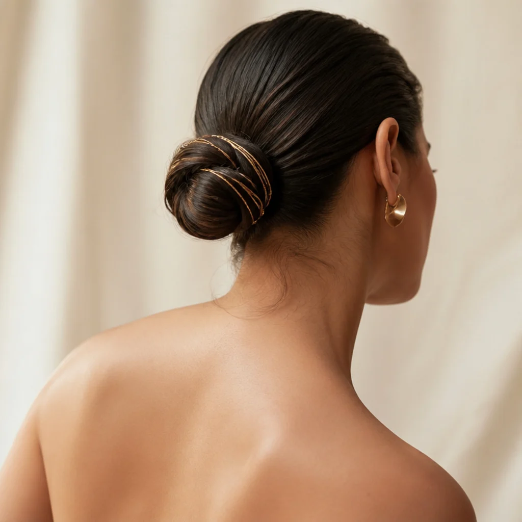 Model with a sleek low bun and gold tinsel strands threaded around the coil, elegant back angle