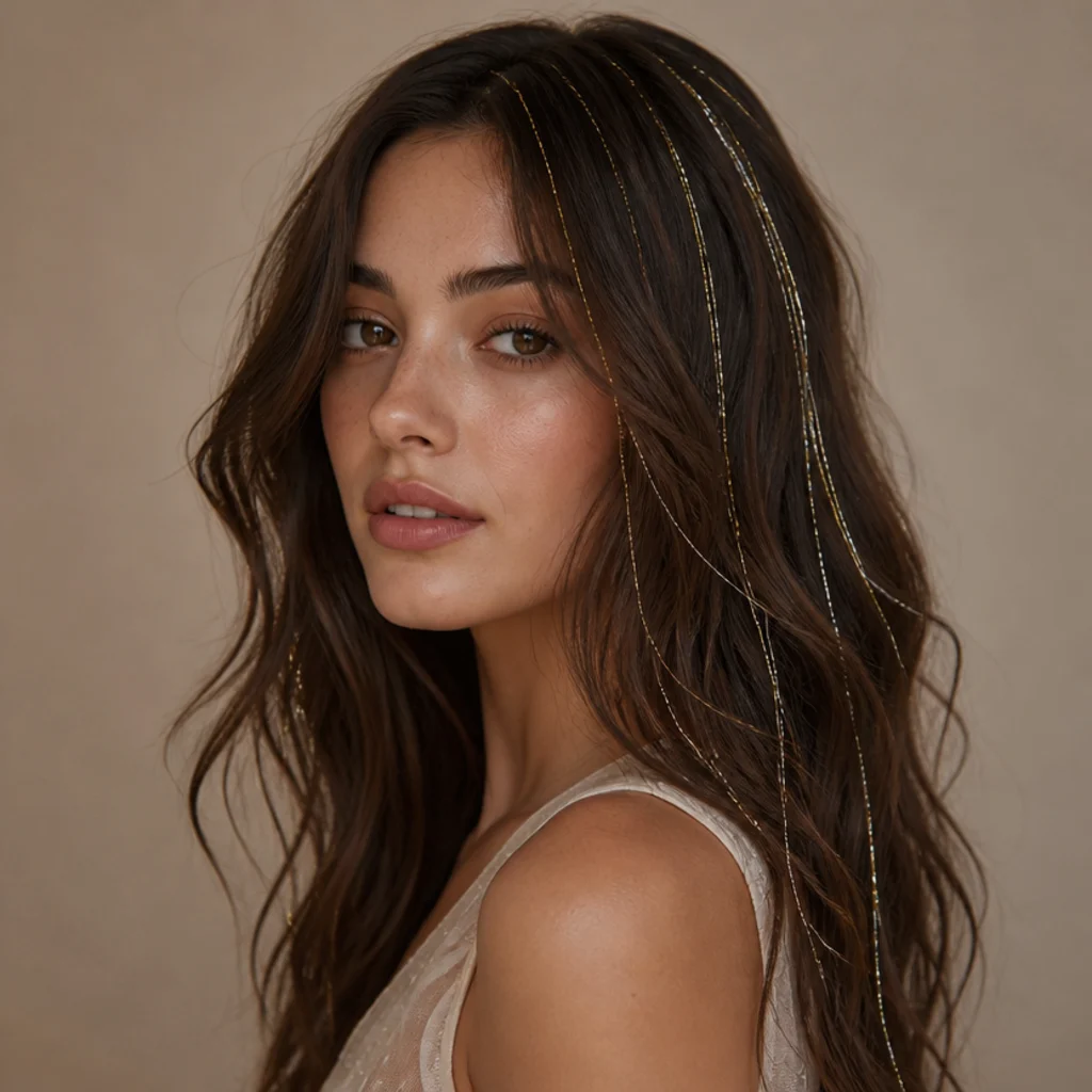 Brunette with a balanced mix of gold and silver tinsel strands through loose waves, three-quarter studio angle