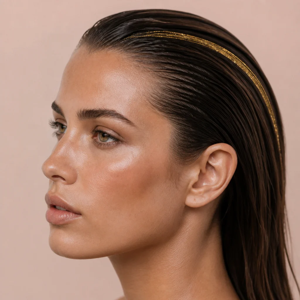Model with a slicked-back wet-look style and fine tinsel strands running along the smoothed hair, sharp side angle