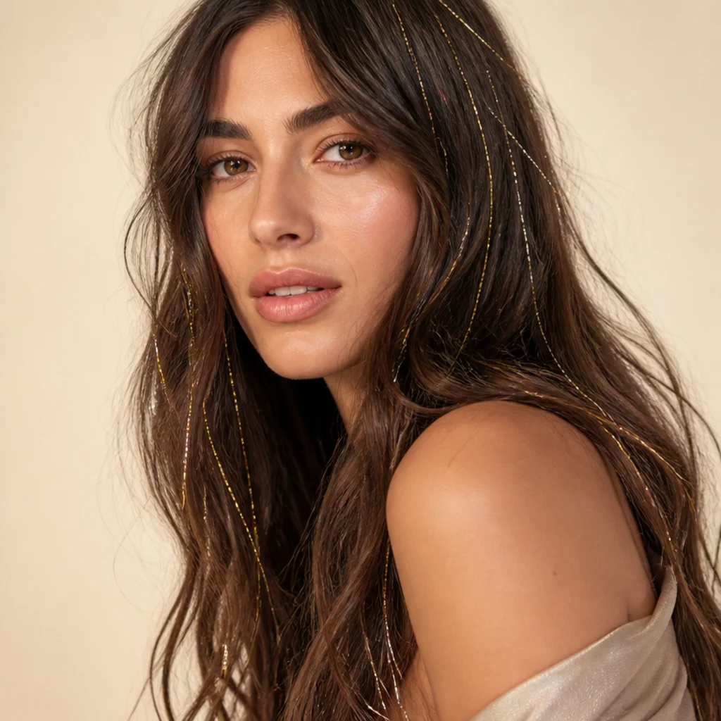 Brunette model with strands of gold and silver hair tinsel woven through loose waves, three-quarter studio angle