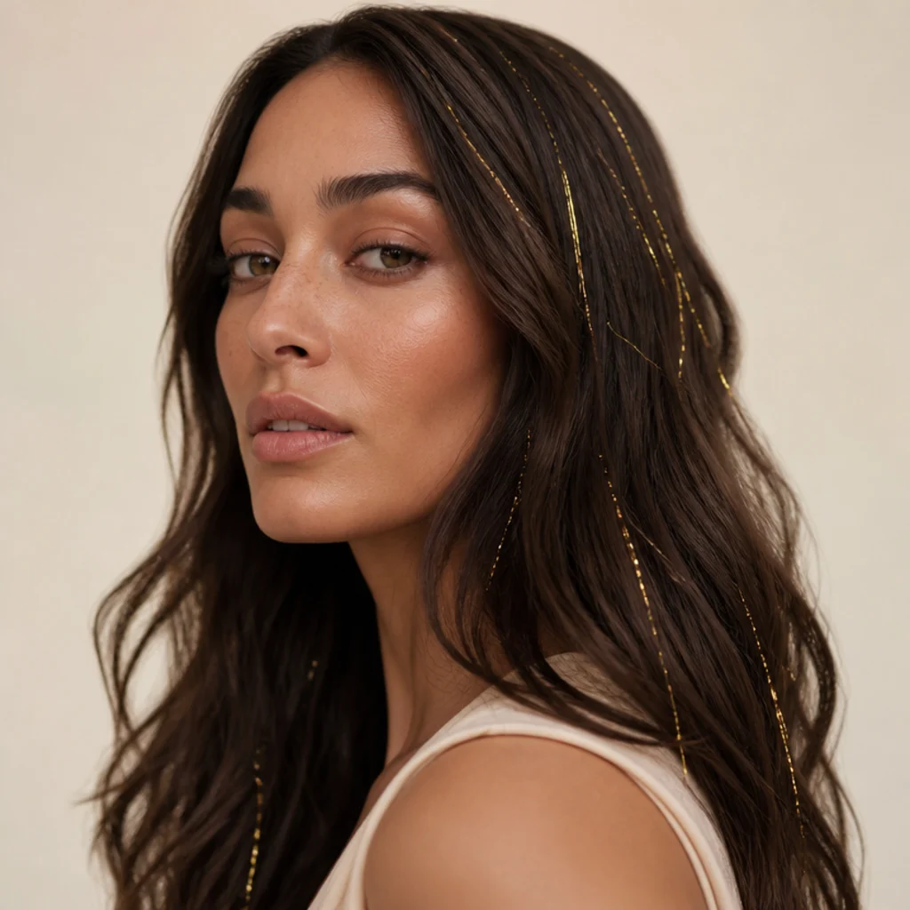 Brunette model with loose S-waves and scattered gold tinsel strands catching light, three-quarter angle on ivory backdrop