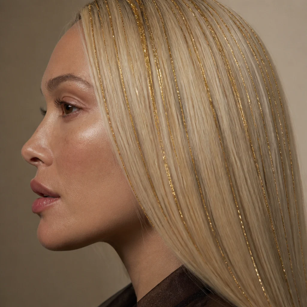 Platinum blonde model with fine gold tinsel threaded through straight lengths, side profile on warm taupe background