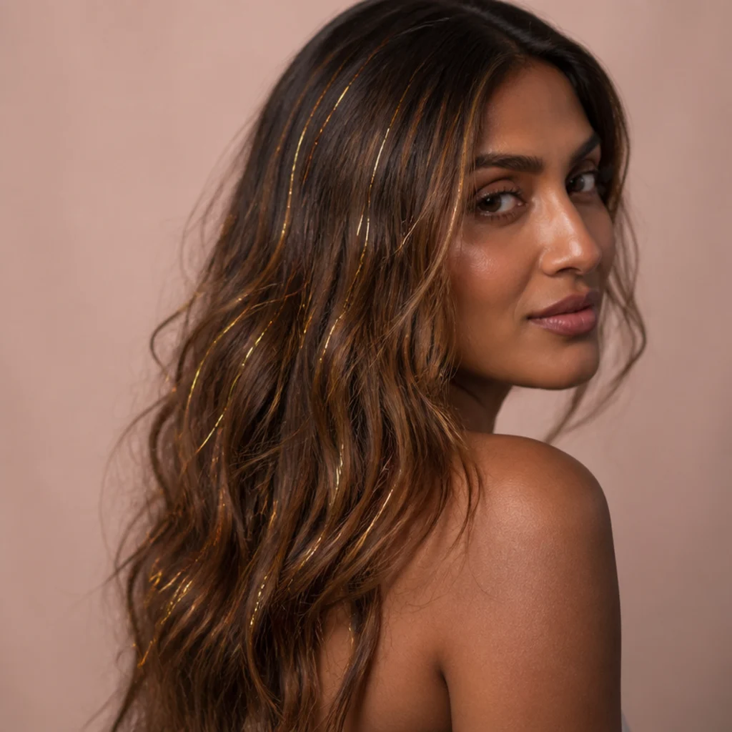 Model with mixed rose gold and yellow gold tinsel strands in caramel hair, three-quarter back angle on blush background