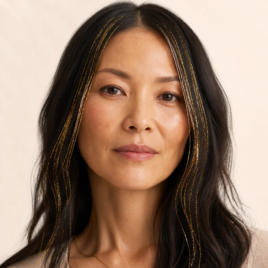 Model with concentrated gold tinsel framing the face like a money piece, front-facing on ivory studio background
