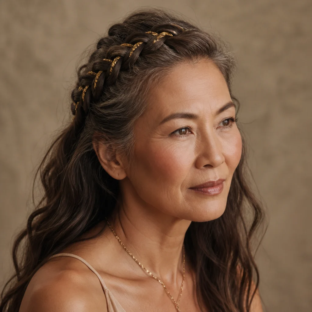 Model with a half-up braid woven with gold tinsel across the crown, three-quarter angle on taupe background