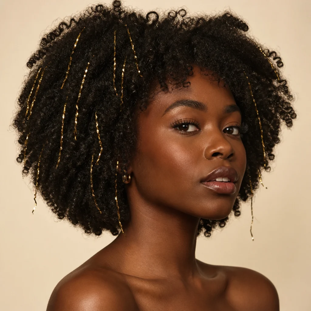 Model with type 4 coily hair and gold tinsel strands catching light throughout, three-quarter angle on warm ivory background