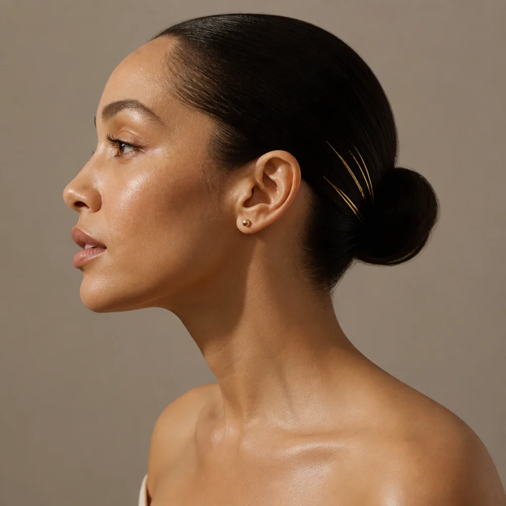 Model with just a few discreet gold tinsel strands in a low bun, side profile on taupe studio background