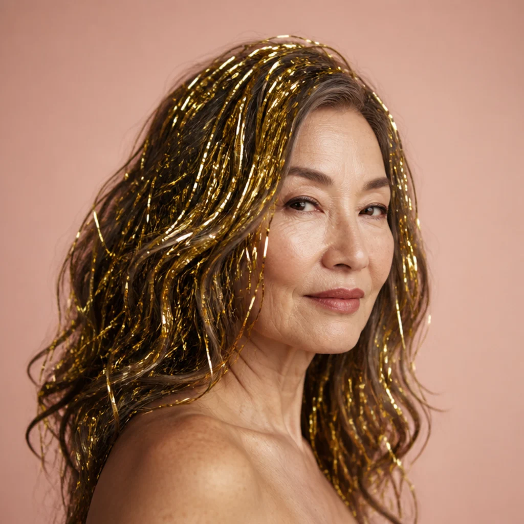 Model with dense gold tinsel throughout voluminous waves for a festival look, three-quarter angle on blush background