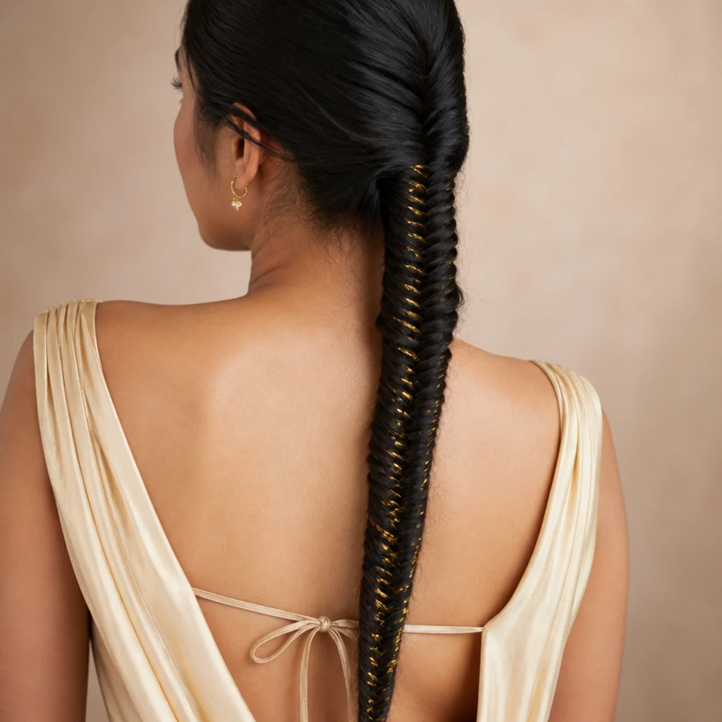 Model with a long fishtail braid laced with gold tinsel, back angle on ivory studio background