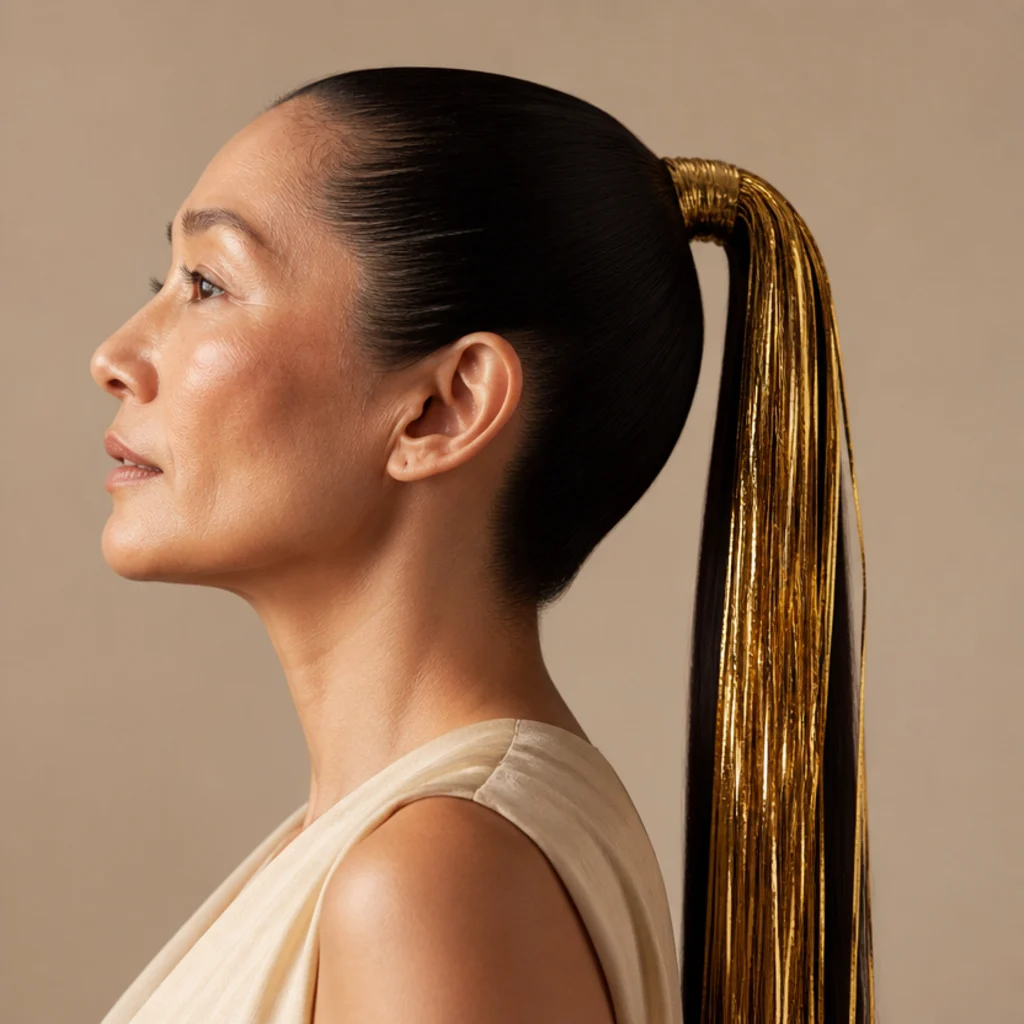 Model with a high sleek ponytail and gold tinsel streaming down the length, side profile on taupe background