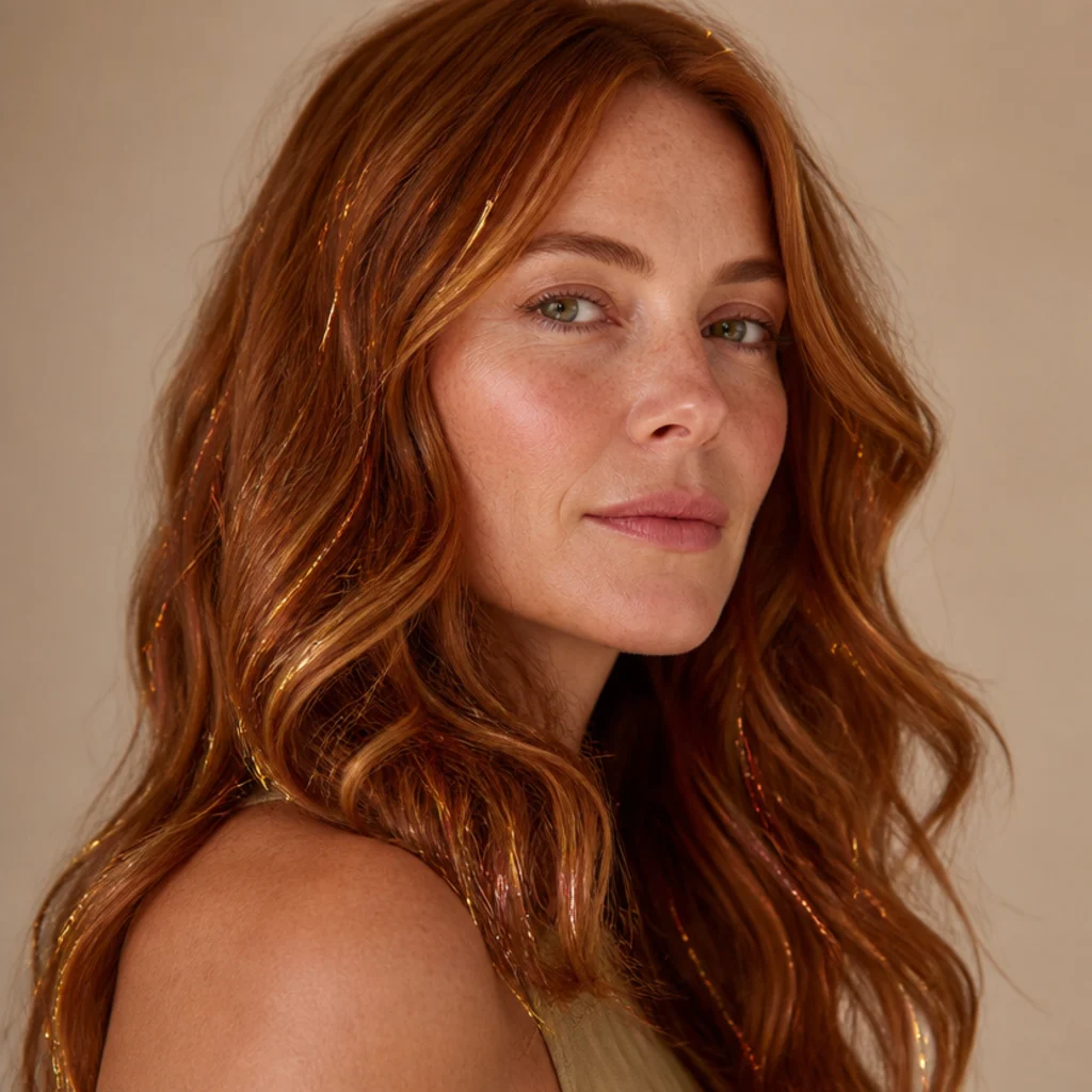 Model with warm auburn hair mixing gold and copper tinsel strands, three-quarter angle on warm ivory background