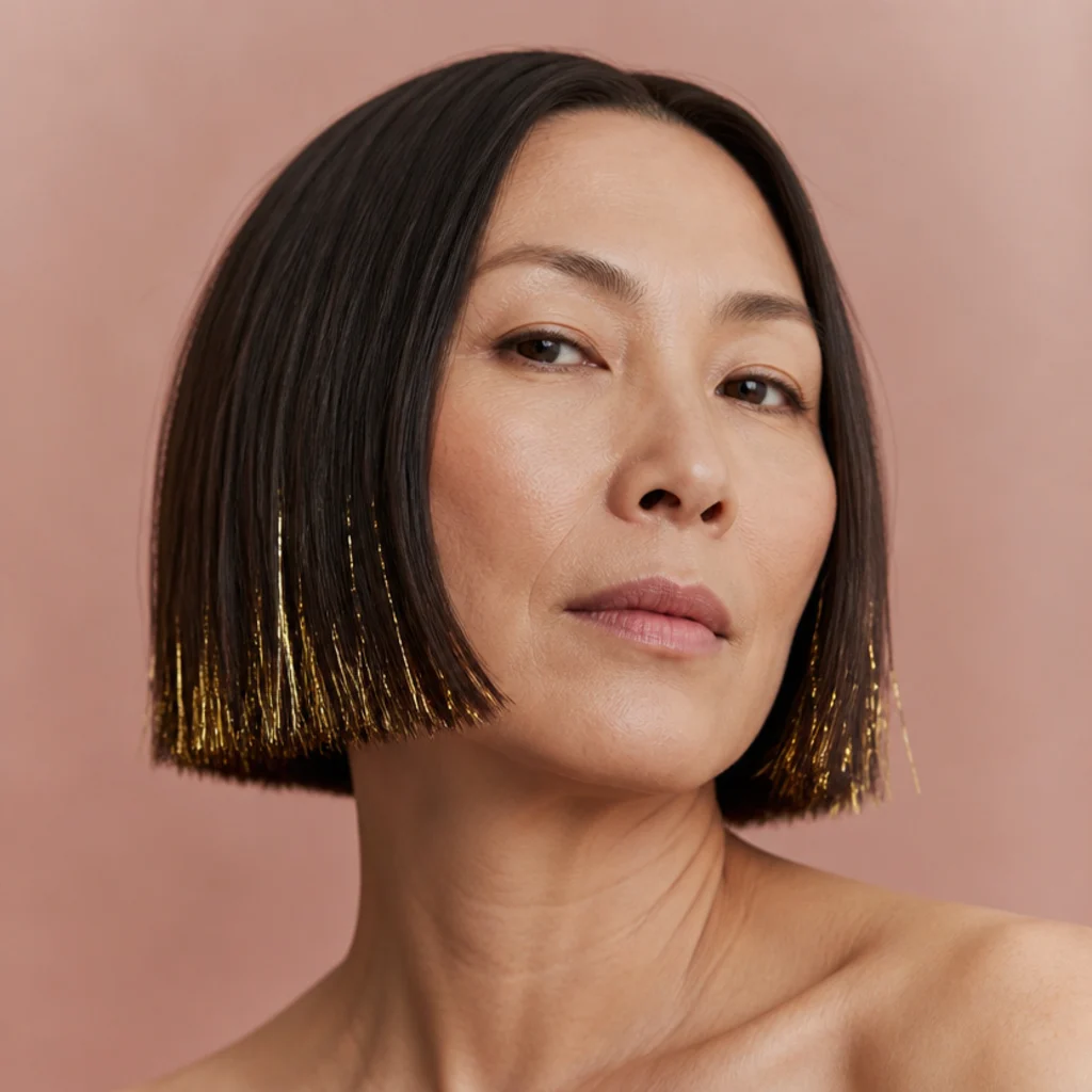 Model with a chin-length blunt bob and gold tinsel strands through the ends, front-facing on blush background