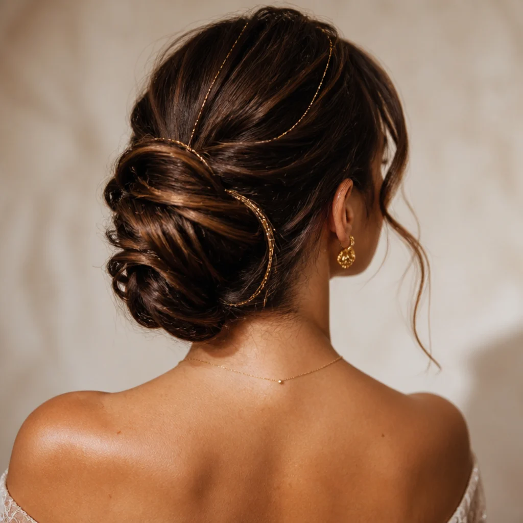 Model with a soft romantic updo threaded with delicate gold tinsel, back angle on ivory studio background