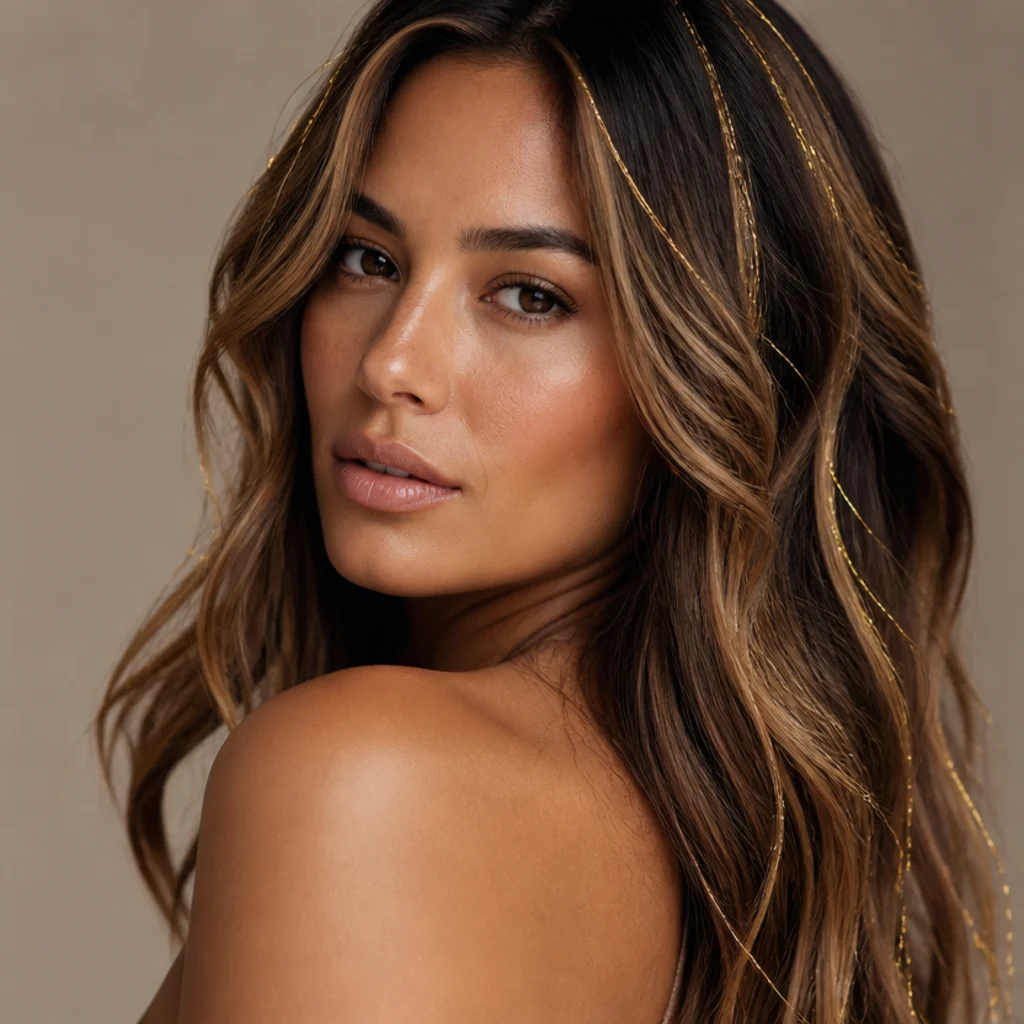 Model with brunette balayage and gold tinsel echoing the painted highlights, three-quarter angle on taupe background