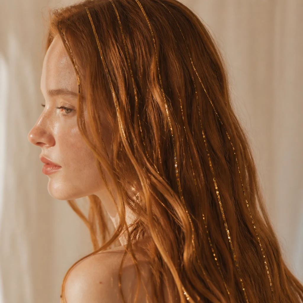 Red-haired model with gold tinsel strands glinting through copper waves, side profile on warm ivory background