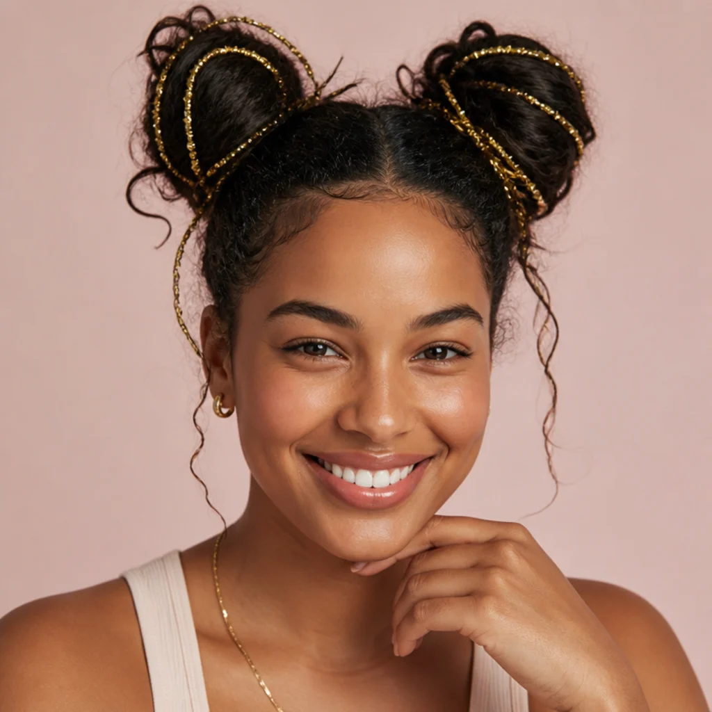 Model with two high space buns accented with gold tinsel, front-facing on blush studio background
