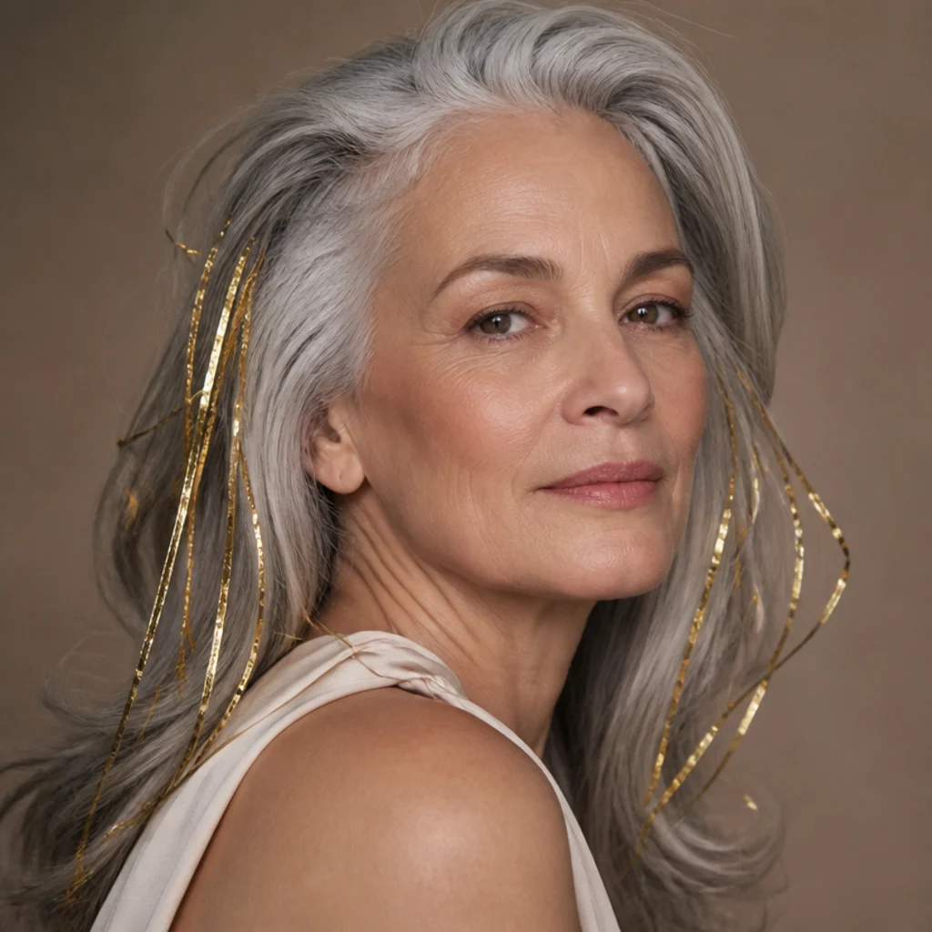 Silver-gray-haired model with gold tinsel strands adding warmth, three-quarter angle on taupe background
