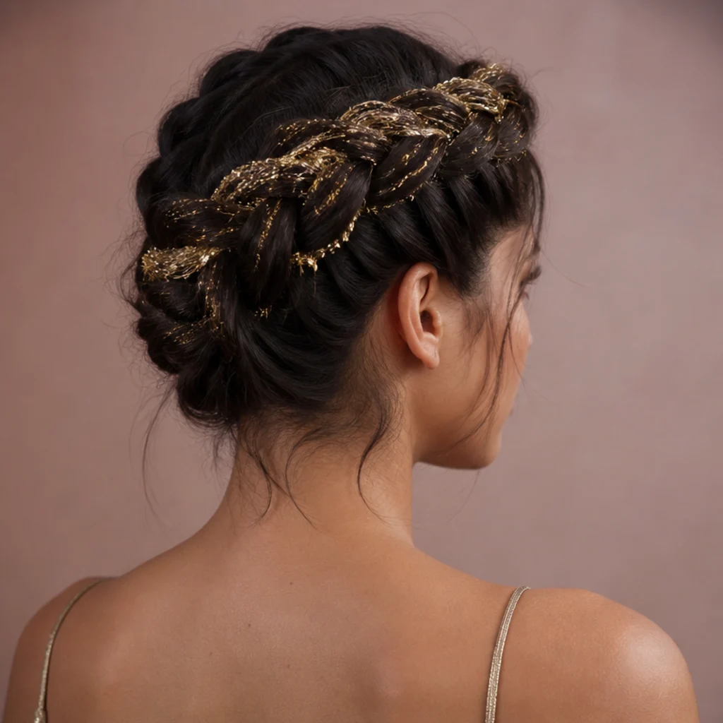 Model with a Dutch braid crown laced with gold tinsel around the head, back angle on blush studio background