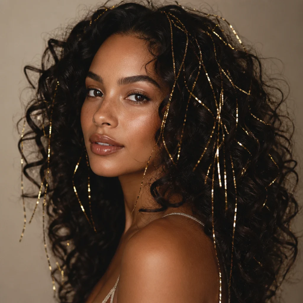 Model with voluminous curls and rich gold tinsel styled for the holidays, three-quarter angle on warm ivory background