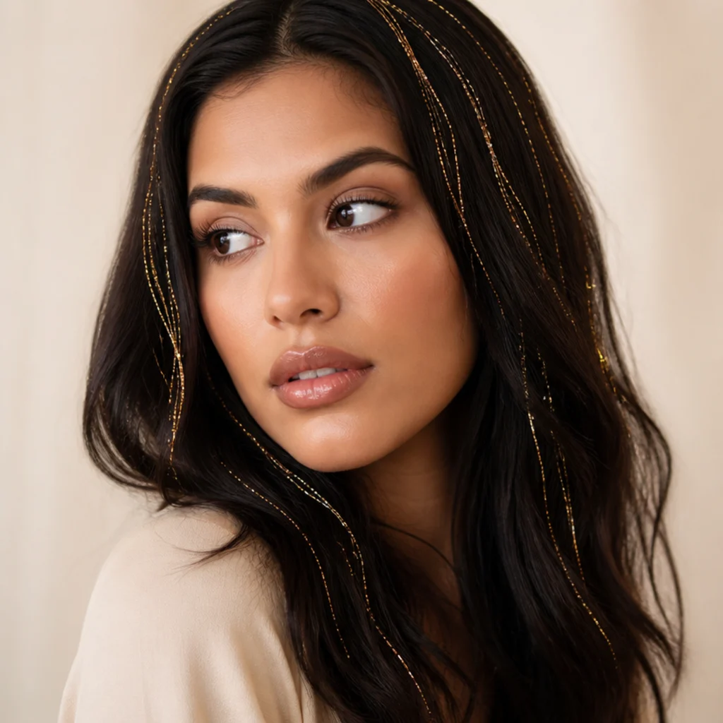 Brunette model with shimmering gold hair tinsel woven through loose waves, three-quarter studio angle on a warm ivory background